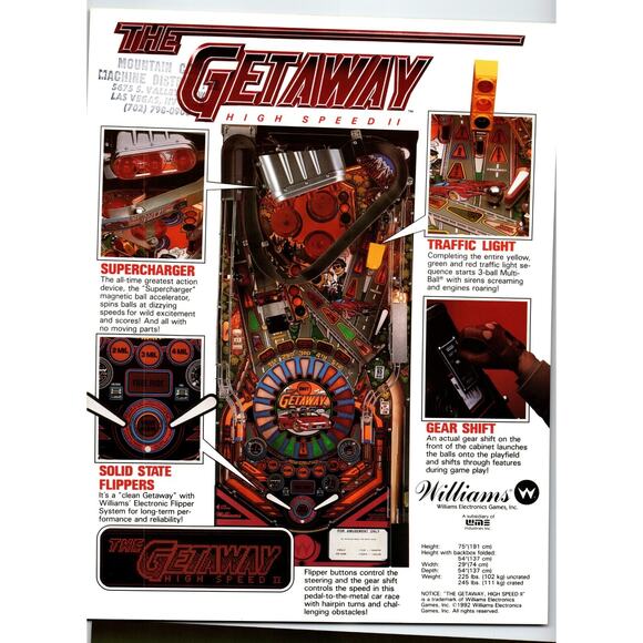The Getaway High Speed II Pinball Machine Game FLYER Original Art 2 Sides 1992 - Picture 2 of 2